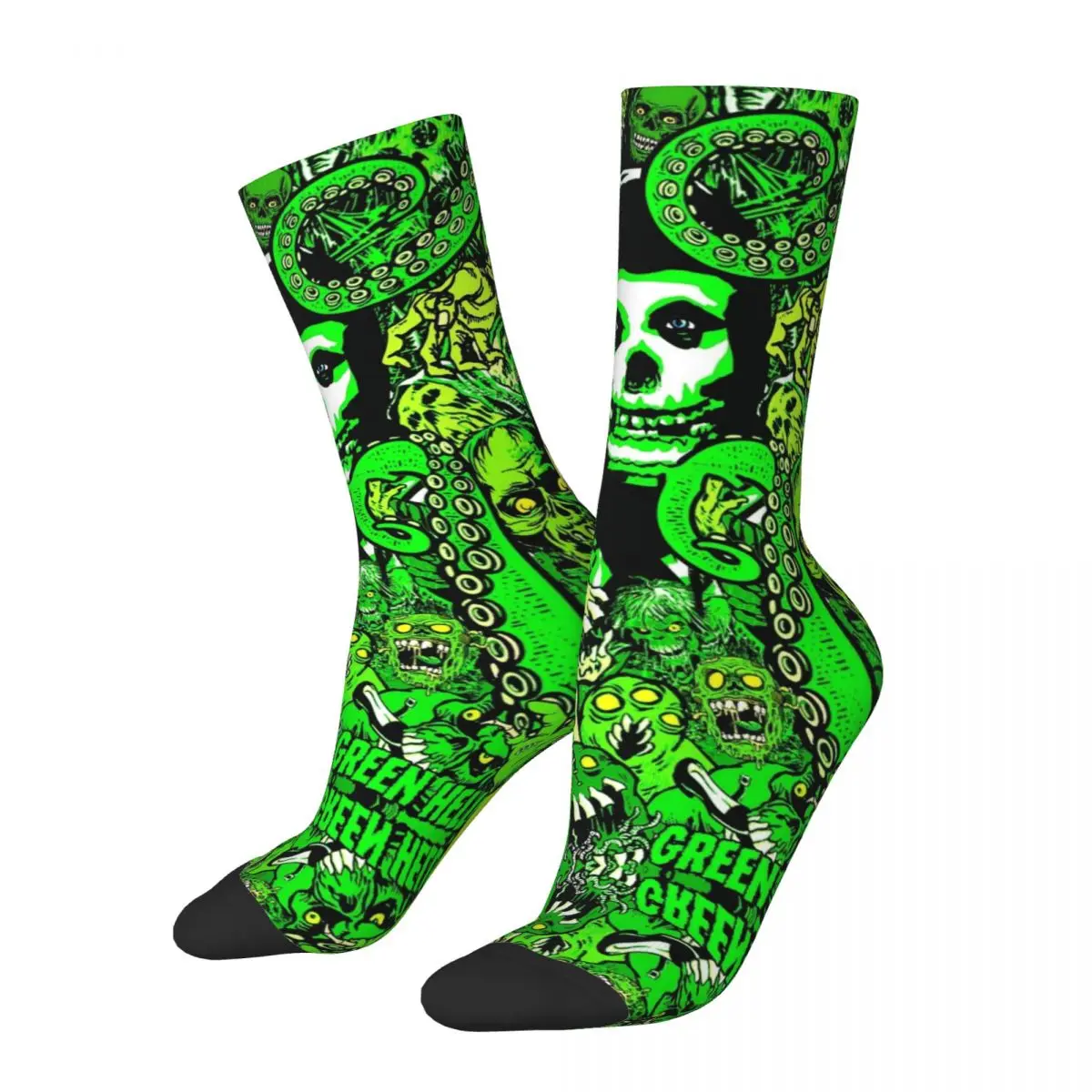 Cool Misfits Green Hell Skateboard Socks Heavy Metal Music Band Polyester Middle Tube Socks for Unisex Breathable