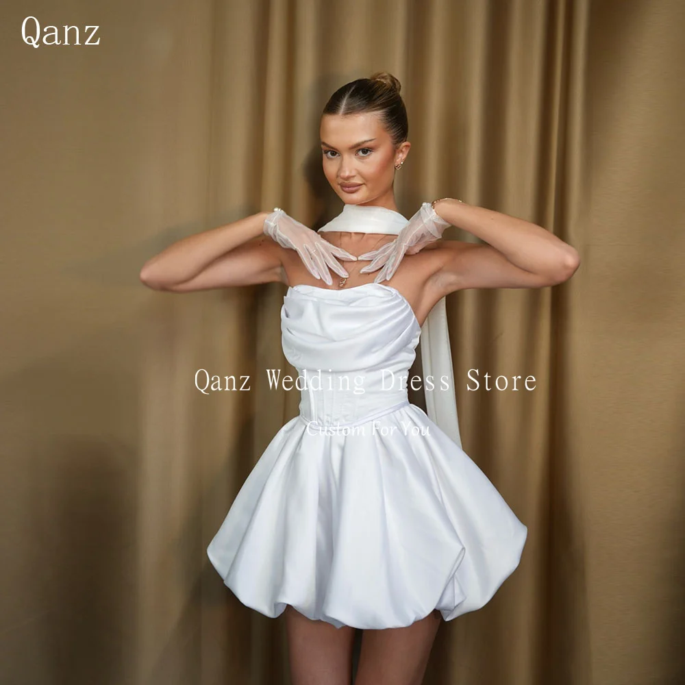 Qanz Classic Satin Mini Wedding Dresses Bride Strapless White Open Back Bridal Gowns Short A Line Vestidos Mujer Customized