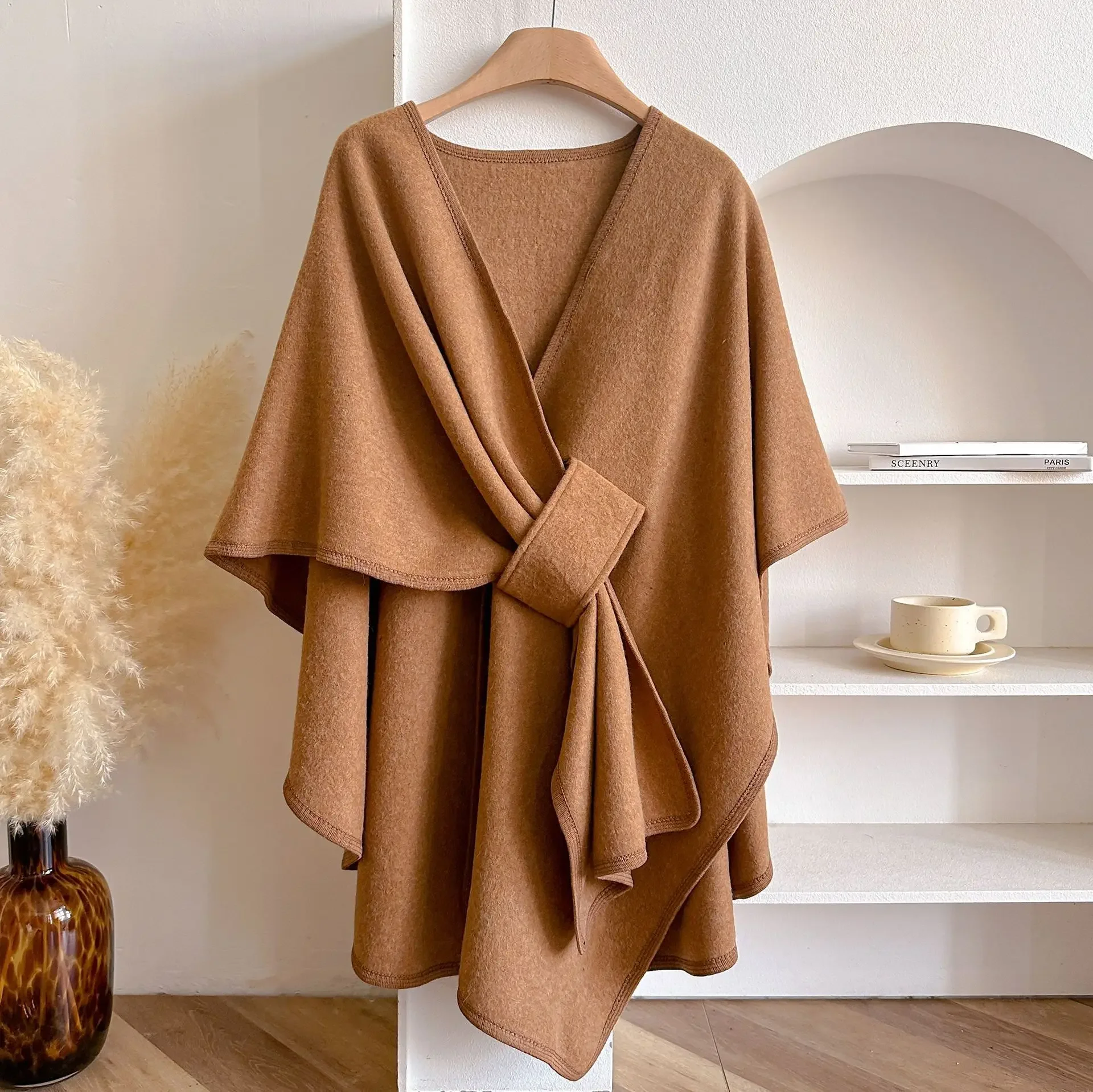 Plus Size Knitted Cape Poncho Shawl Loose Wool Blend Cardigan Women Autumn Winter Fashion Outerwear