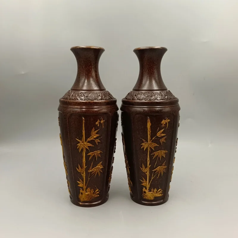 

Guyunzhai Antique Decoration Gilded Plum Blossoms Orchids Bamboo and Chrysanthemum Copper Vase Home Decorative Craft