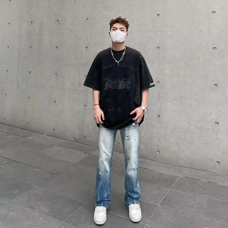 American style high street washed distressed jeans for men's hip-hop straight leg micro flared pants cargo pants men jeans