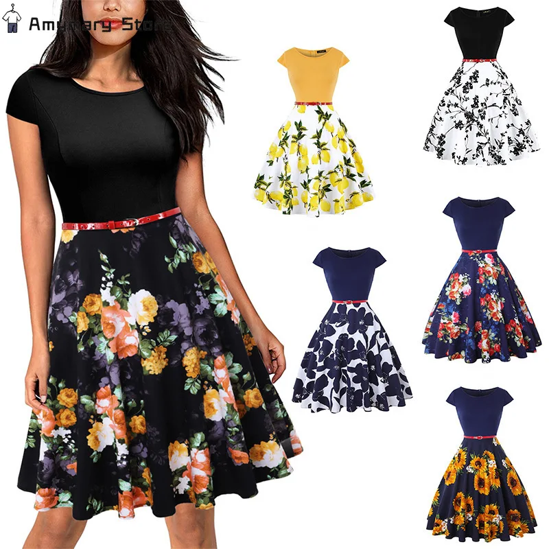 New Women Fashion Printed Short Sleeve Dress Summer Round Neck Waist Elegant A-line Dress Holiday Party Beach Sundress S-4XL