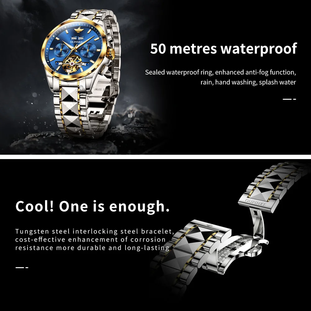 

OUPINKE 3290 Mens Watch Top Brand Dual Calendar Display Waterproof Luminous Tungsten steel Band Sapphire Mirror Watches