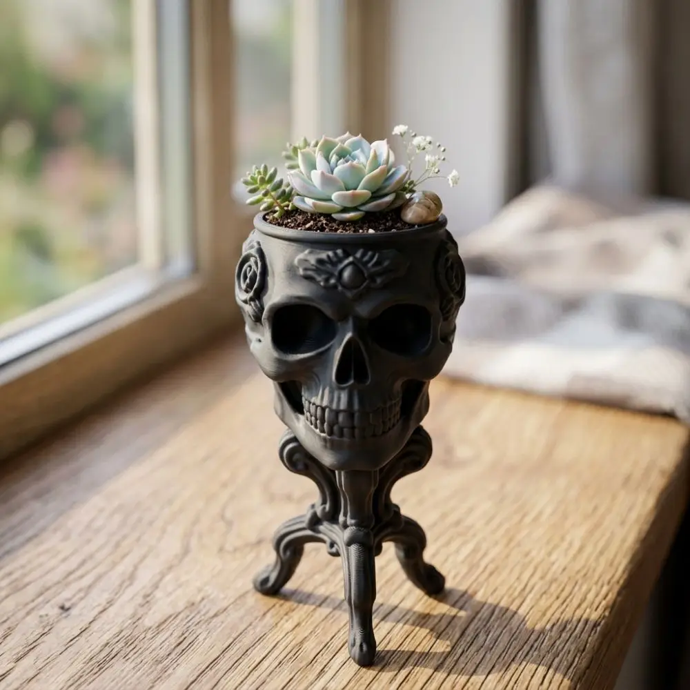 3D Printed Halloween Goblet Skull Planter Spooky Dark Gothic Mini Skeleton Flower Pot Rose Patterns Vintage Carved