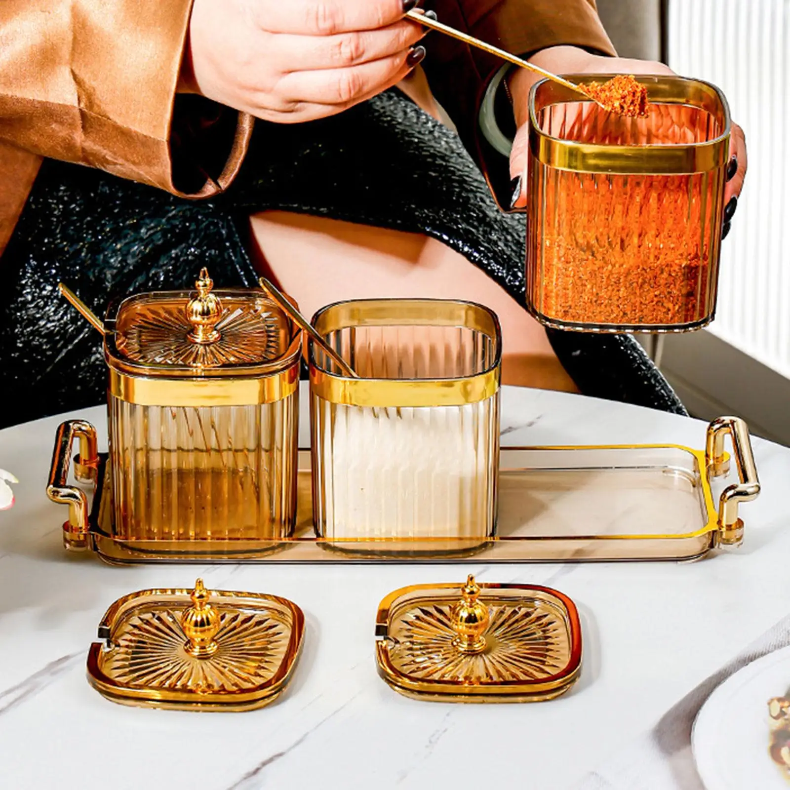 Plateau de service divisé de luxe avec couvercle anti-poussière et cuillère pour le salon