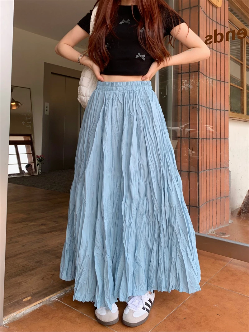 Benuynffy Vintage Solid Elastic Waist Pleated Long Skirts Women's Summer Korean Fashion High Waist Sweet Casual A-Line Skirts