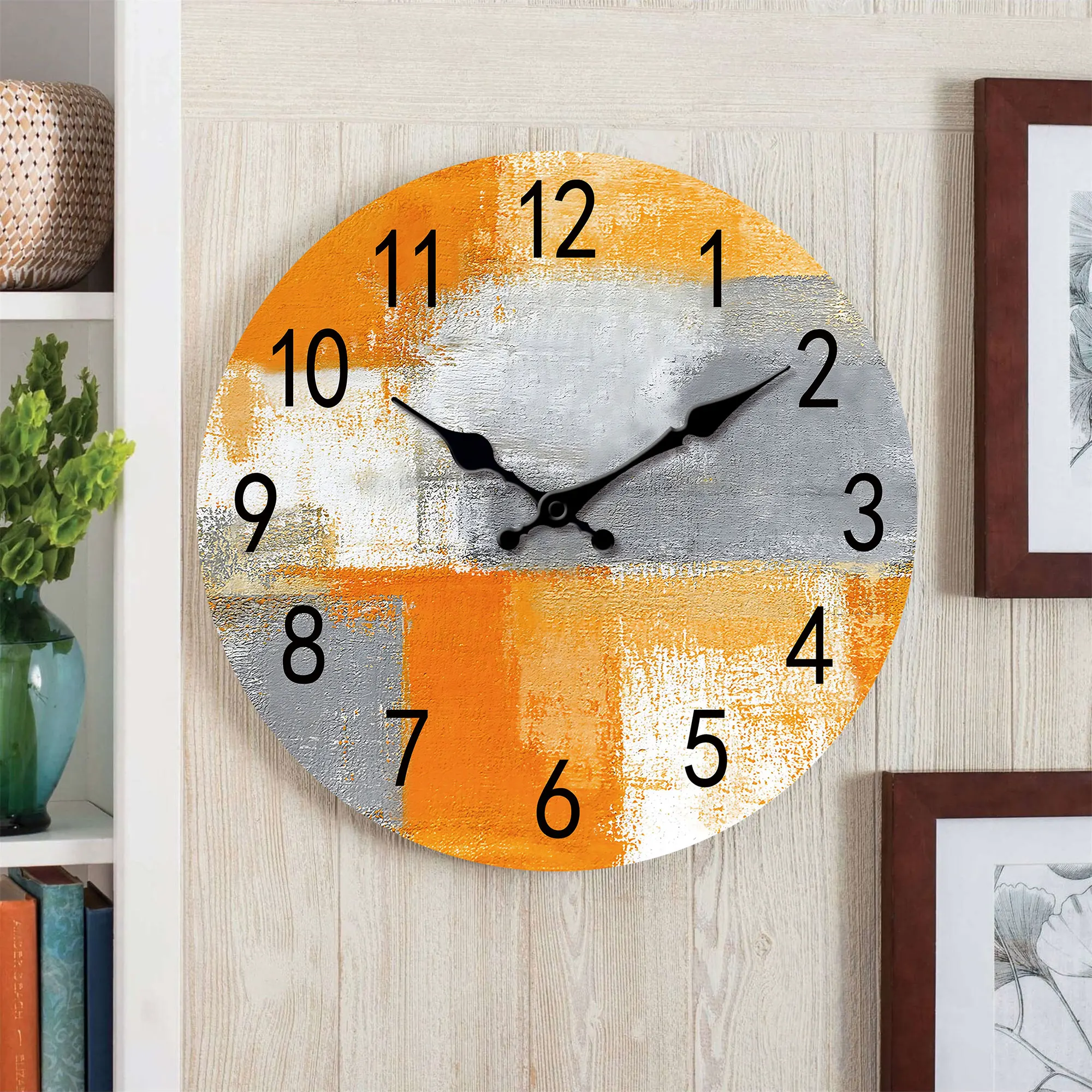 Abstract Orange gray oil painting wall clock, silent non-ticking wooden silent clock, suitable for living room bedroom, room dec