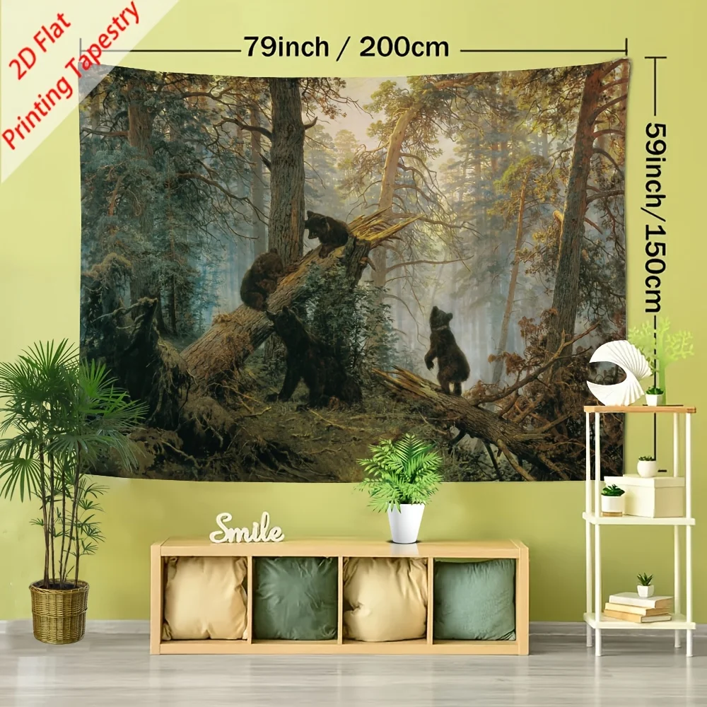 Luxurious Polyester Bear Forest Scene Tapestry Wall Hanging Woodland Jungle Wildlife Decor Art Print for Living Room Apartment B