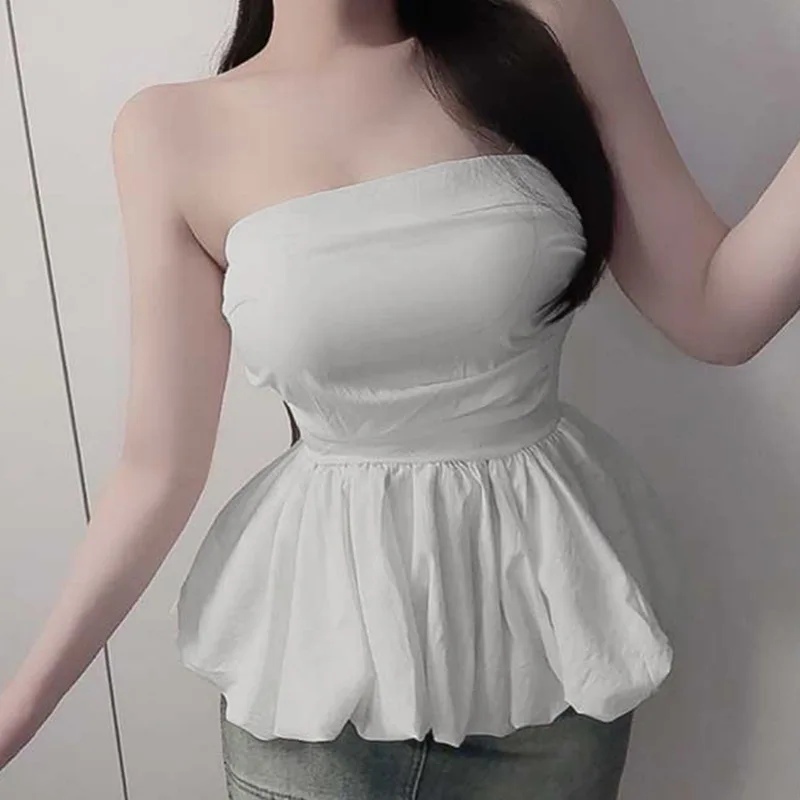 

Korean Sexy Ruched Pure Desire Style Feminine Off-Shoulder Waist-Cinching Body-Shaping Tube Bralette Crop Top For Women K6M4