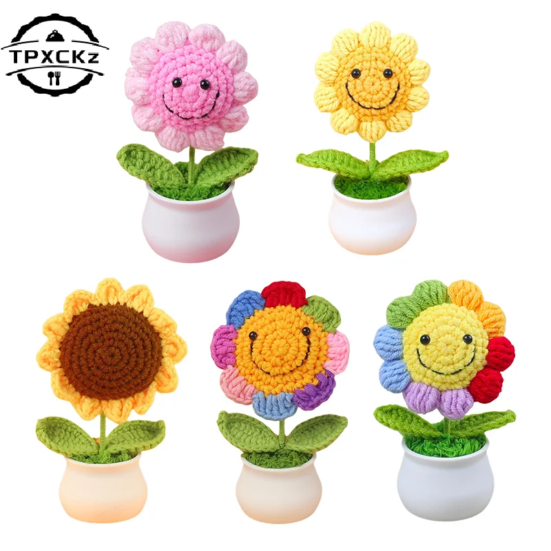 Flor de ganchillo de girasol, flores artificiales tejidas a mano, plantas de ganchillo de girasol terminadas, regalos para invitados de boda, decoración de escritorio
