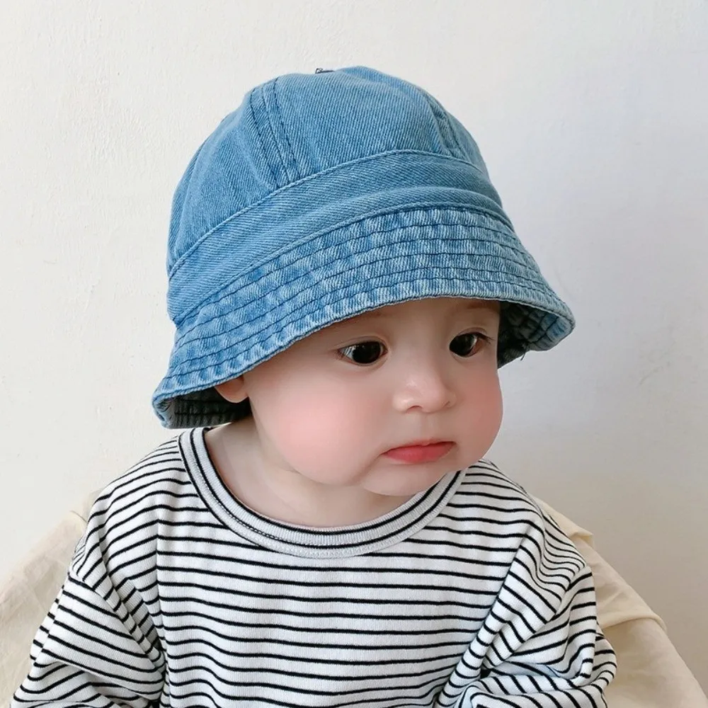 

Cute Cloth Washed Denim Bucket Hat Korean Style Solid Color Baby Sun Hat Windproof sun protection Children Fisherman Cap Outdoor