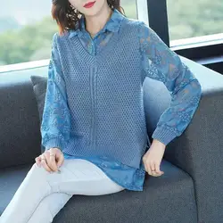 Two Piece Set Spring Autumn Knitted Spliced Shirt Female Clothing Stylish Elegant Lace Hollow Out Casual Turn-down Collar Blouse