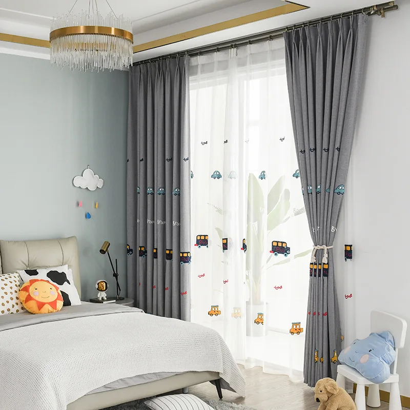 Anime Childlike Towel Embroidery Flower Cotton Linen Bedroom Curtain, Gray Cartoon Car Curtain, Children Room Window Screen