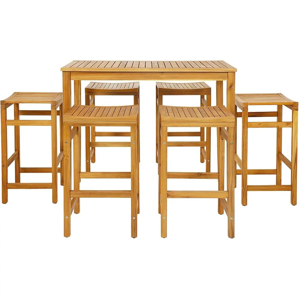 

7 Piece Outdoor Acacia Wood Bar Table Set, 45" Recular High Top Table with 6 Seat Bar Height Stools, Space-Saving Patio Dining S