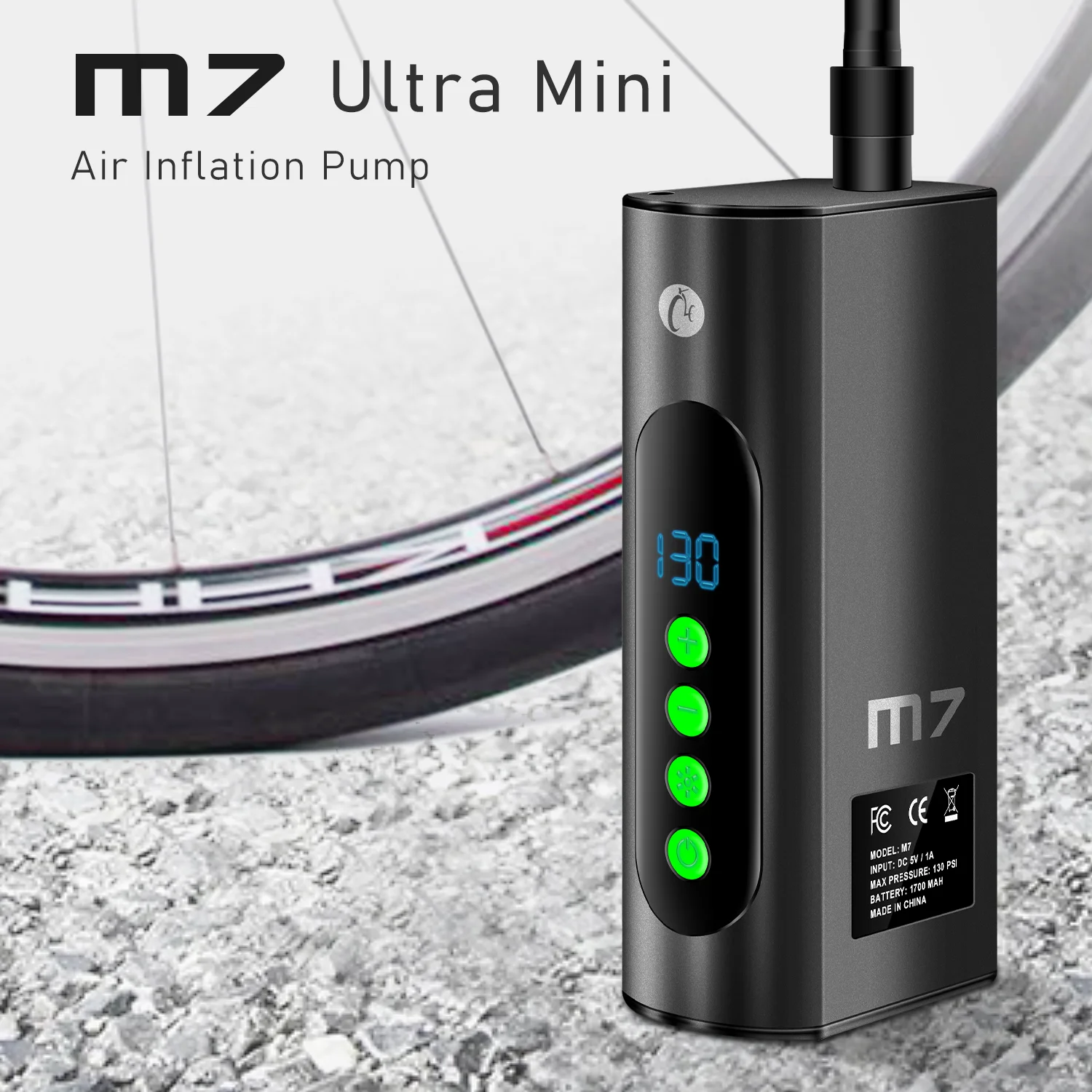 

CYCLAMI M7 Bicycle Electric Inflator Pump Mini Portable 130Psi High Pressure Bike Air Inflator