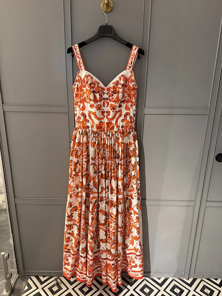 Spring Summer Fashion Vintage Pattern Print Elegant Cotton Midi Dress Women's Spaghetti Strap High Waist A-Line Big Swing Dress