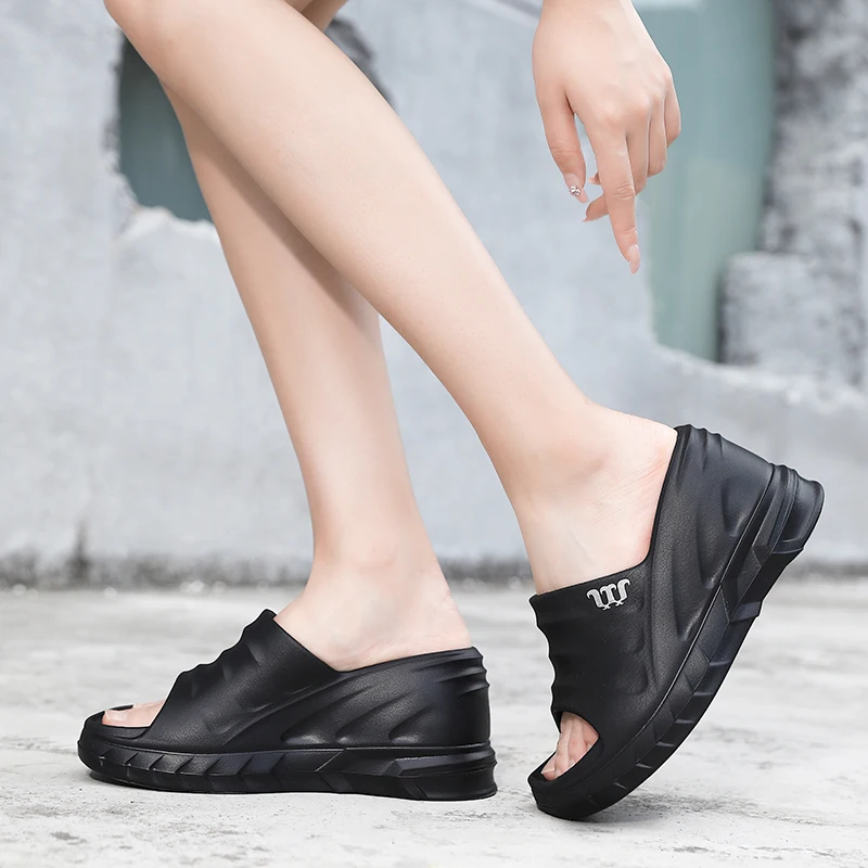 STRONGSHEN 9cm Sloped Heels Women Slippers Platform Wedges Summer Outdoor Comfortable Beach High Slipper Zapatillas De Mujer