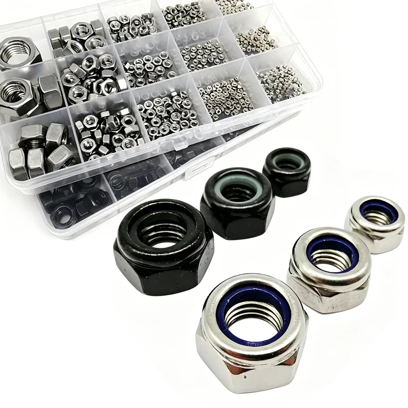 100Pcs M3 M4 M5 M6 304 Stainless Steel Black Hex Nylon Insert Lock Nut Self-locking Nylock Nut Locknut