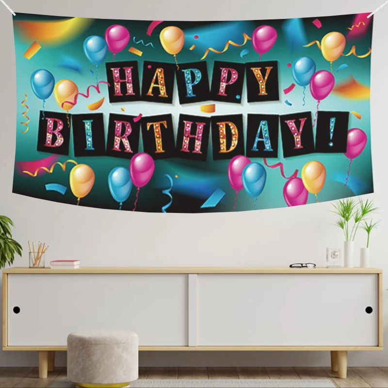 Happy Birthday Banner, balão preto, Backdrop Decorações Suprimentos, Indoor Wall Poster, sinal, grande, colorido