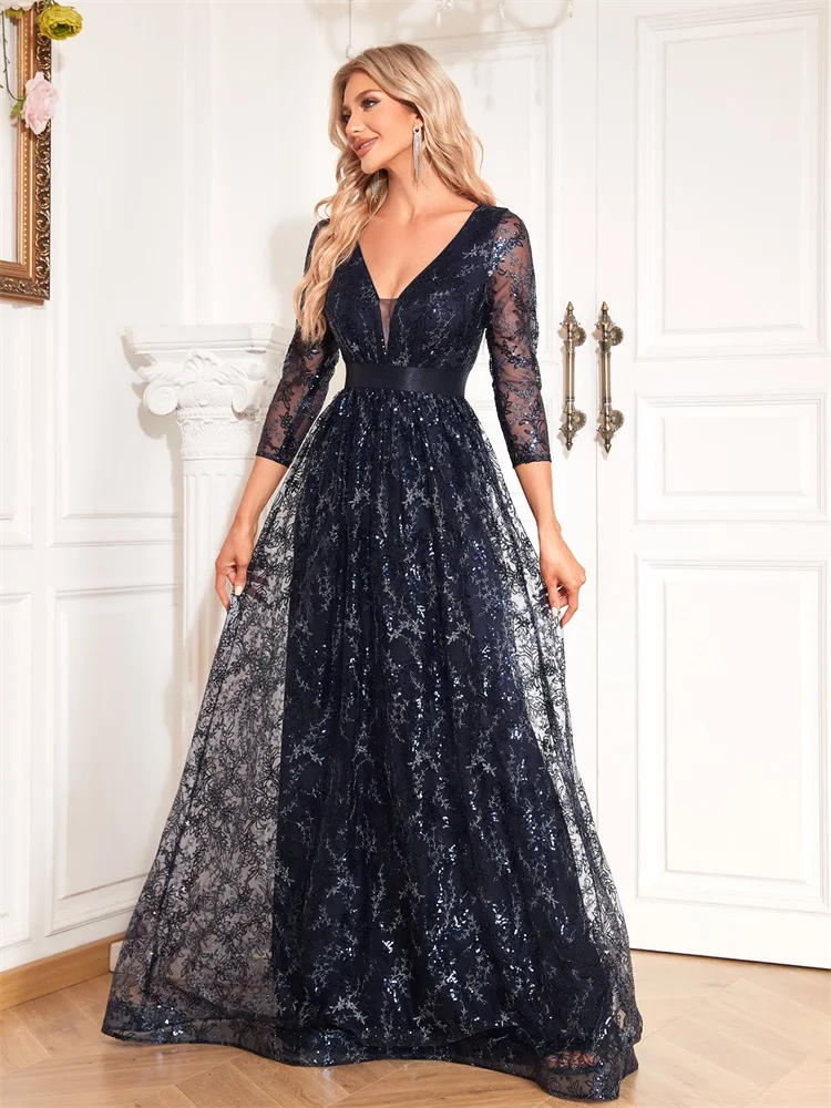 Lucyinlove nuovo elegante abito da sera floreale con scollo a v blu lungo 2024 abito da Cocktail per feste di matrimonio a maniche lunghe da donna