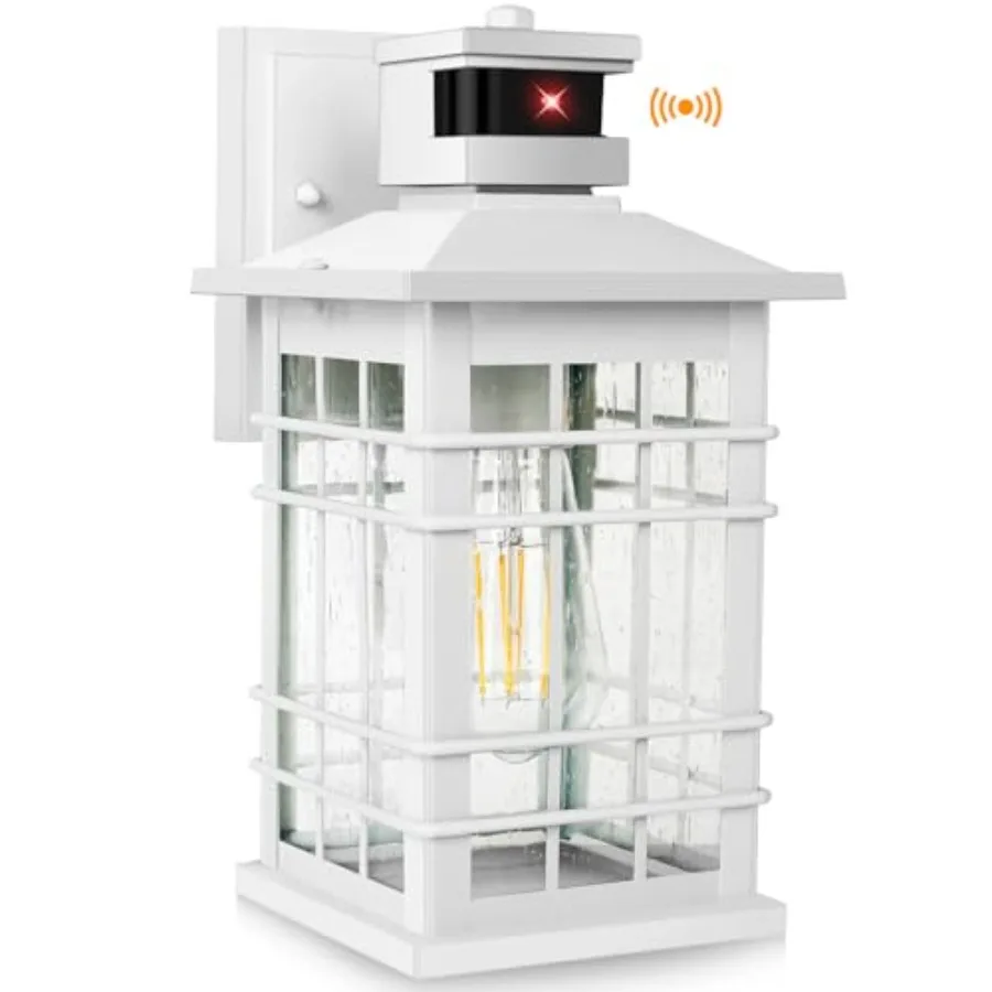 

Motion Sensor Outside Wall Lantern Waterproof, White Dusk Dawn Outdoor Lightg Wall Mount with Tempered Glass, Modern Anti-Rust