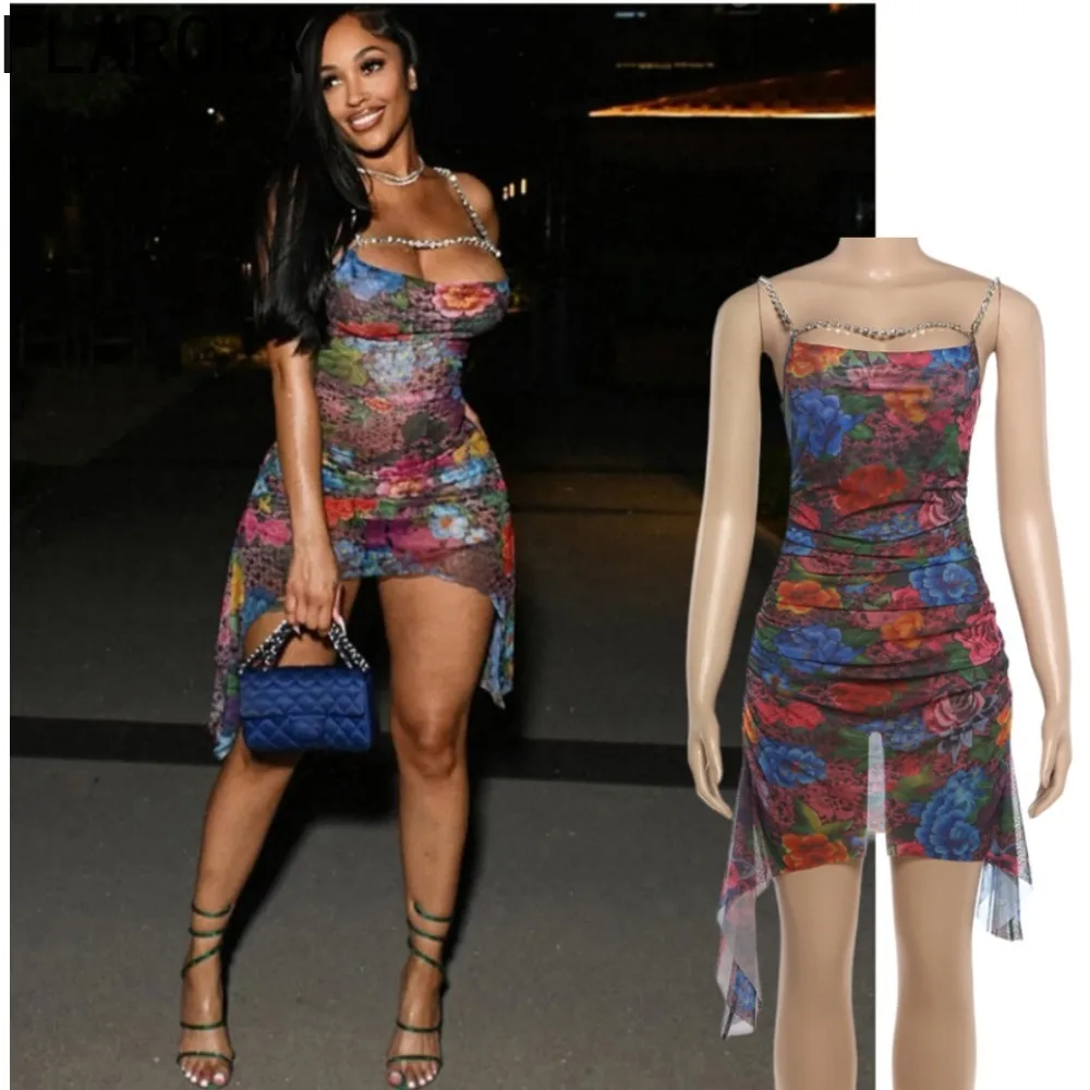 

FLARORA Vintage Floral Print Mini Dress Woman Sexy Trend Diamond Chain Low-Neck Backless Irregular Hem Midnight Party Vestidos