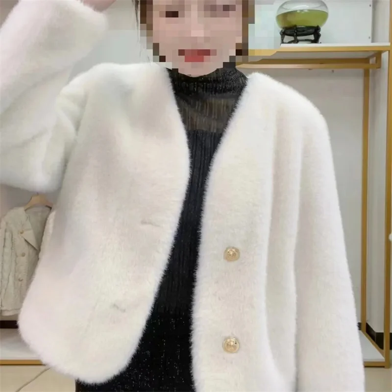 Korean Lady Fashion Faux Fur Outwear Spring Autumn Women V-neck Imitation Mink Jacket 2025 Light Luxury Female Solid Color Coat