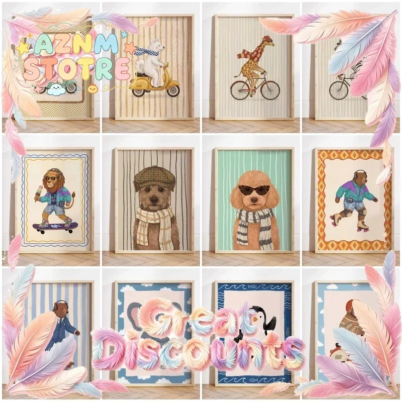 (2D canvas painting)  Retro Kids Room Decor Poster Skateboarding Bear Nursery Print Canvas Painting Wall Art Picture for Bath