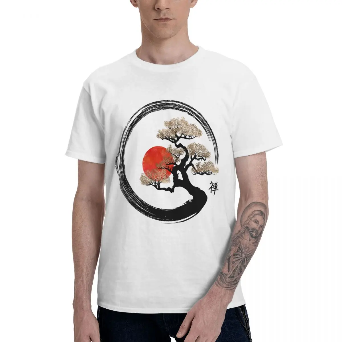 Fashion Enso Zen Circle And Bonsai Tree T-shirt Pure Cotton Round Neck Short Sleeve Quality Printed European Size Tee Shirts
