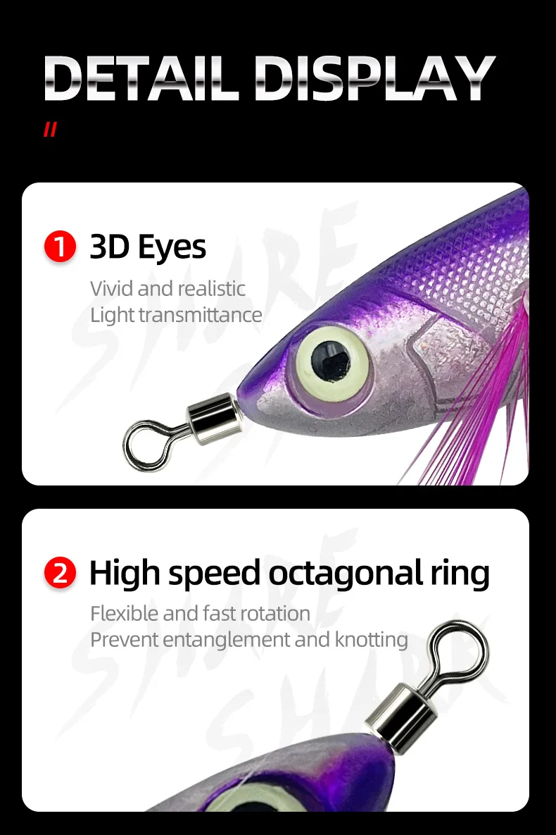 ShareShark 10 Stück/Set Leuchtender Holz-Garnelen-Kalmarhaken 9g Laser Horizontaler Garnelen-Köder mit Rasselkugel Hartköder – Detail 7