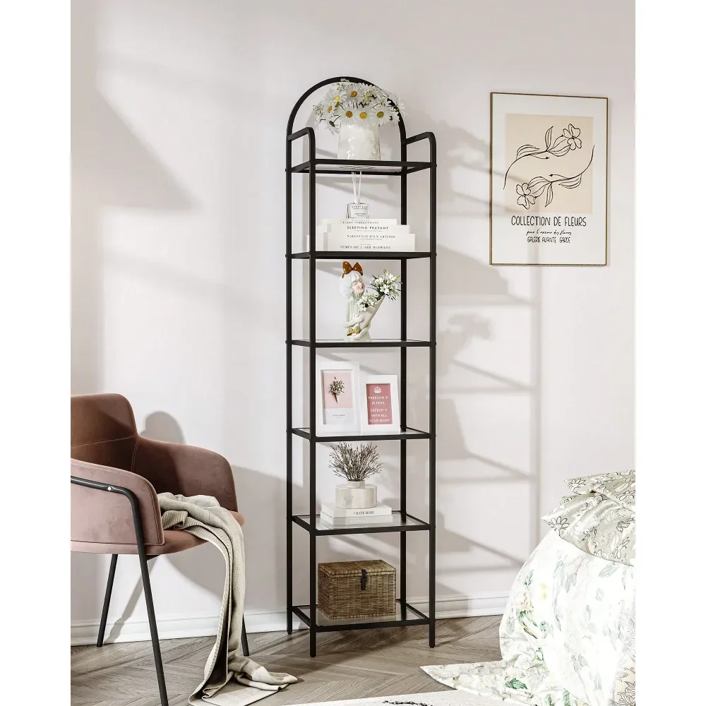 

Bookcase Bookshelf, Tempered Glass Bookshelves, Slim Shelving Unit For Bedroom, Bathroom, Home Office, Steel Frame, Home Decor,