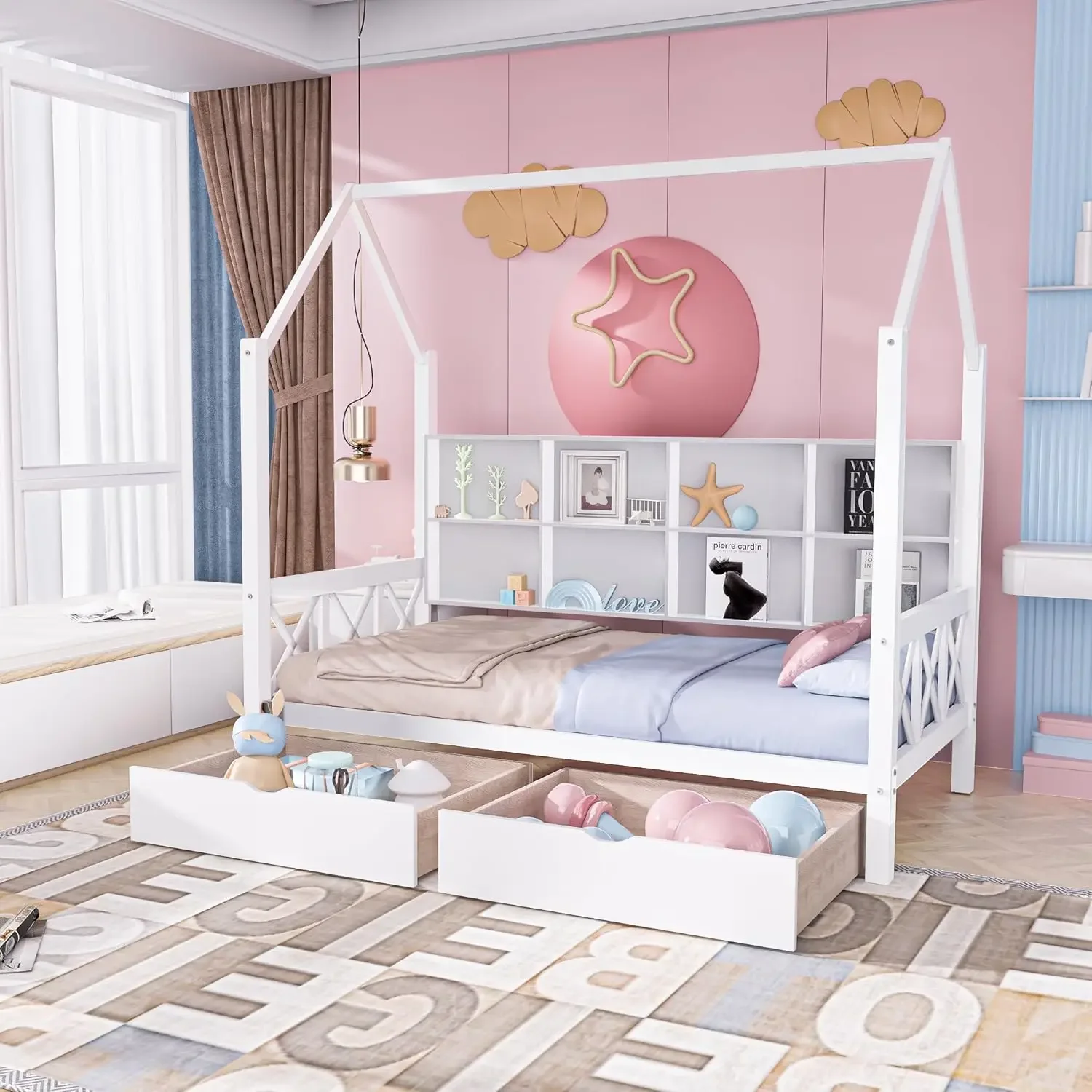 Bed Frame for Kids, House with 2 Drawers, Platform with Headboard and Wood Slats, Montessori House with Fence for Bo