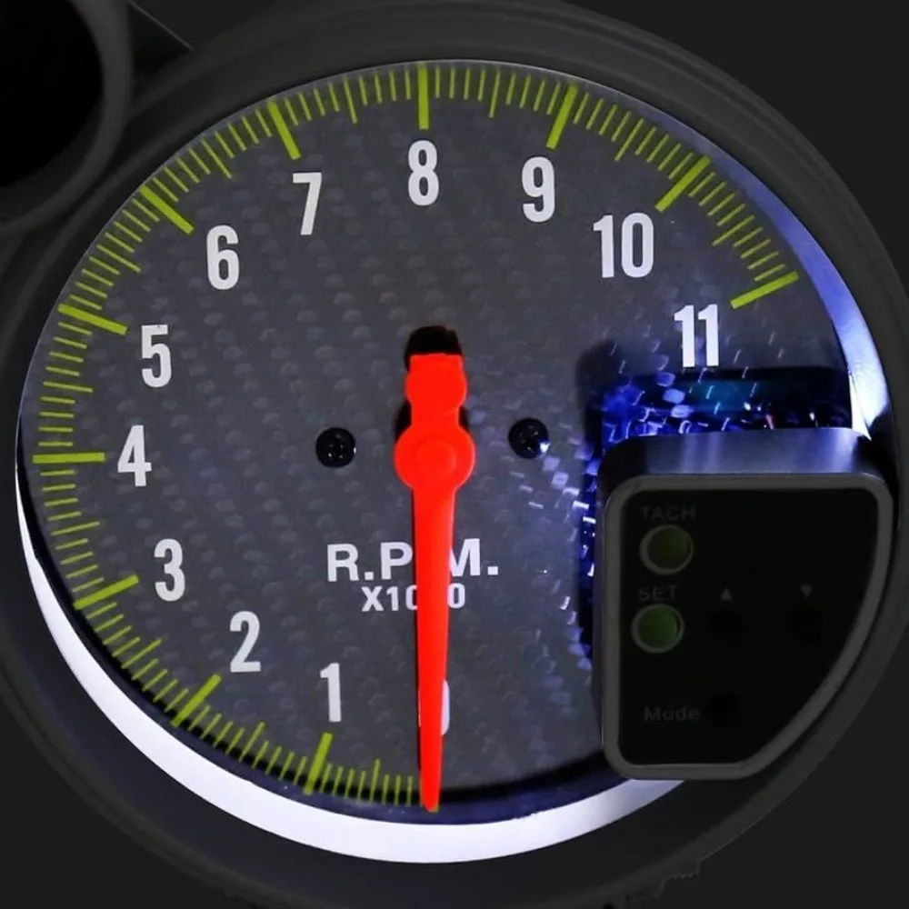 5-inch Car Tachometer Real Carbon Fiber Surface Silver Shell with Alarm Light Racing Car Modification Instrument Panel