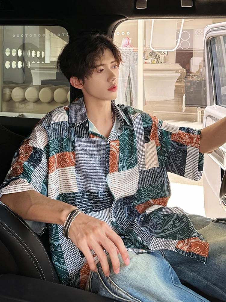 

Ice Silk Loose Fit Short Sleeve Shirt Men's Summer Fashion Brand Thin Patchwork Seven Sleeve Casual Vintage Top