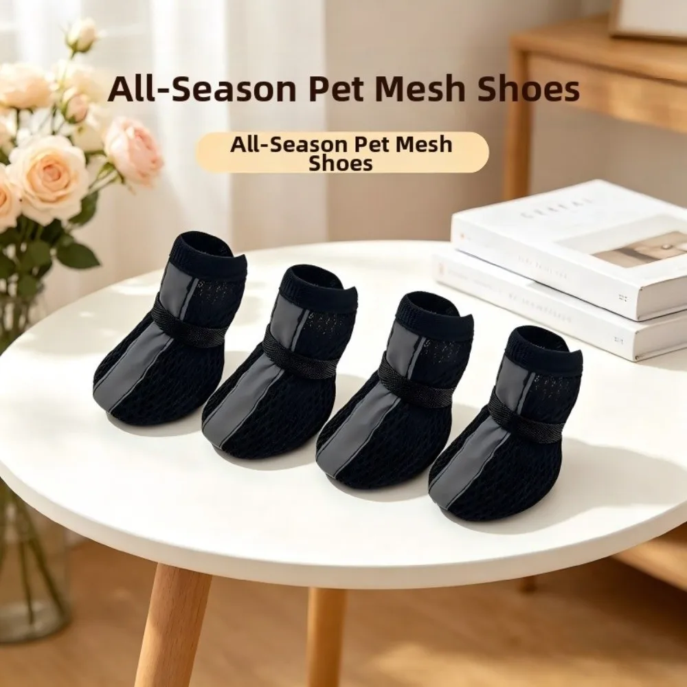 4PCS/SET Non-slip Mesh Dog Shoes Breathable Reflective Stripe Dog Sneakers Wear-resistant Hook-and-loop Strap Pet Booties