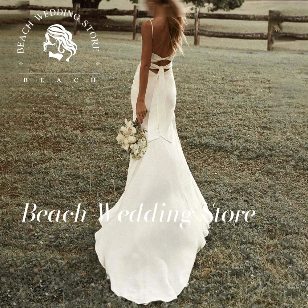 

Beach CustomizedMermaid White Wedding Dress Spaghetti Straps High Slit 2024 Backless Plain Bridal Gown Sweep Train Vestido de