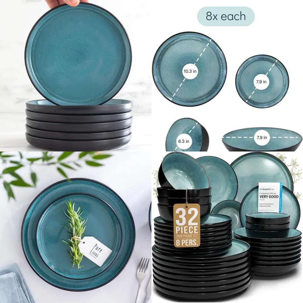 

Современный набор керамической посуды для столовой посуды на 8–32 предметов, набор керамических тарелок и мисок черного и синего цвета, можно мыть в посудомоечной машине и царапинам.