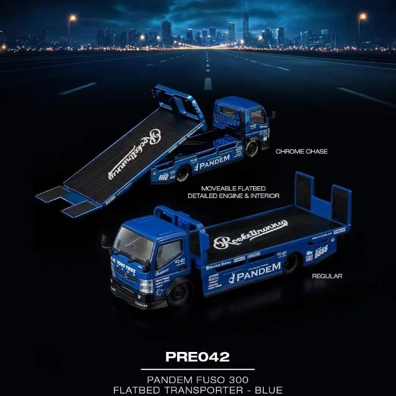 POPRACE 1:64 Flatbed Trailer Model, Pandem Fuso 300, Blister Pack Packaging, Diecast Alloy Collectible Display Vehicle
