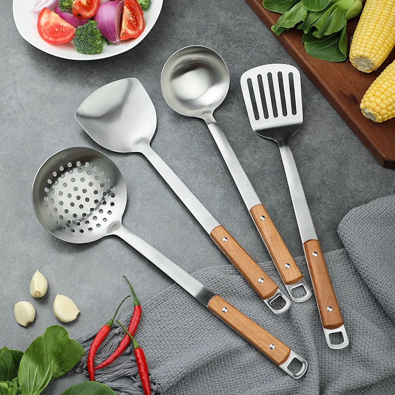 304 stainless steel spatula, cooking shovel, household spoon, anti scalding handle, leaky spoon, wooden handle, kitchen spoon,