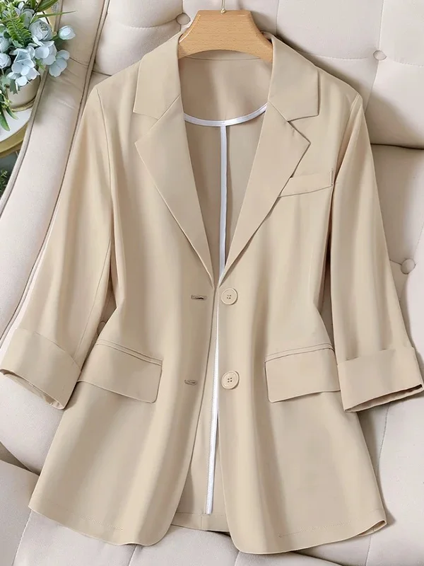 

Spring Summer New Style Korean Sweet Suit Jacket Women's Casual Thin Seven Sleeve Buttoned Slim Fit Polyester Commute Fashion