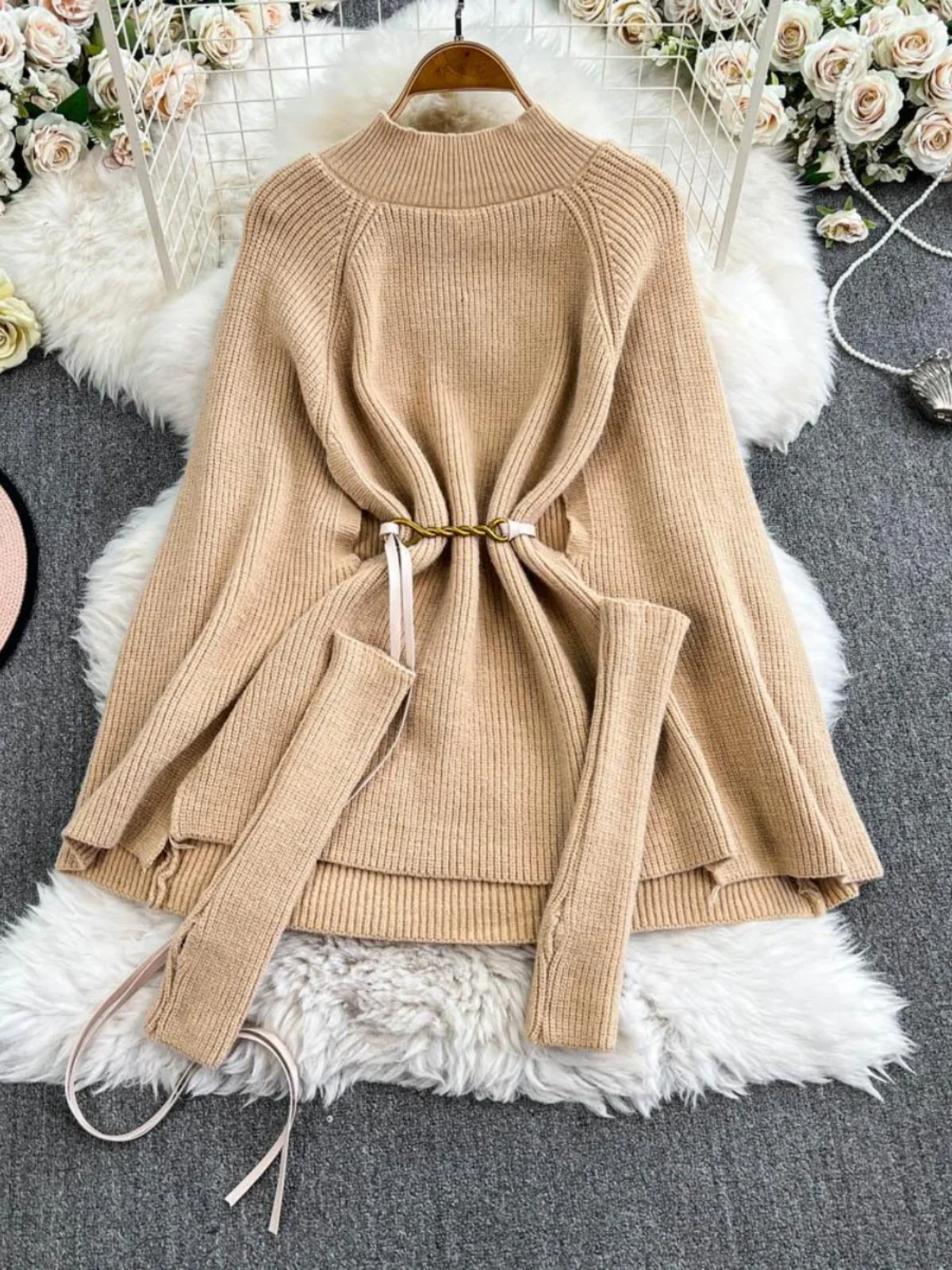 Women Cape Cloak Knitted Sweater Long Semi-turtleneck Pullover Sweater Coat  Lace-up Shirt Jumper Tops