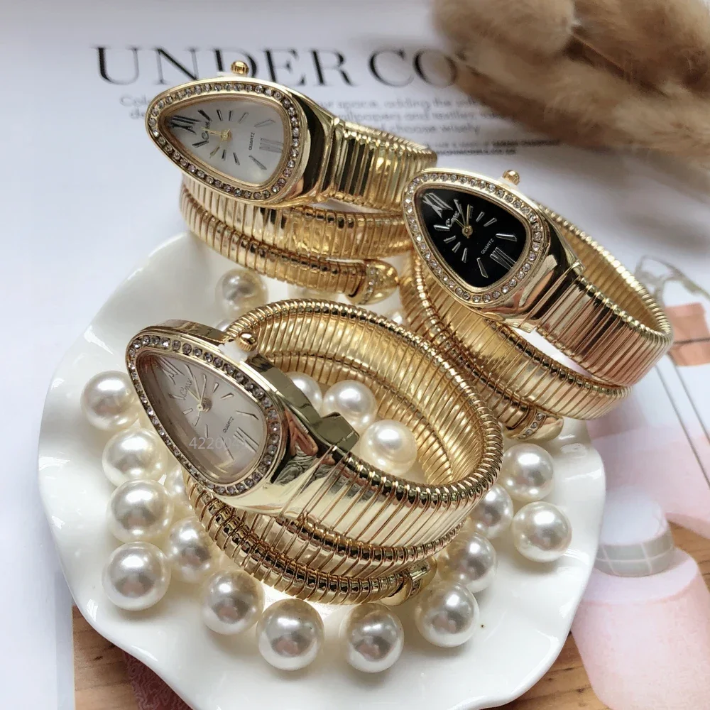 Reloj de marca de lujo para Mujer, Reloj de pulsera de diamantes de serpiente, de cuarzo, dorado, a la moda, nuevo