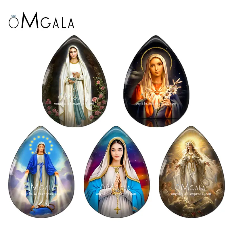 5 Pairs Our Lady Virgin Mary Art Paintings 13x18/18x25mm Photo Glass Cabochon Flat Back For DIY Jewelry Making Findings