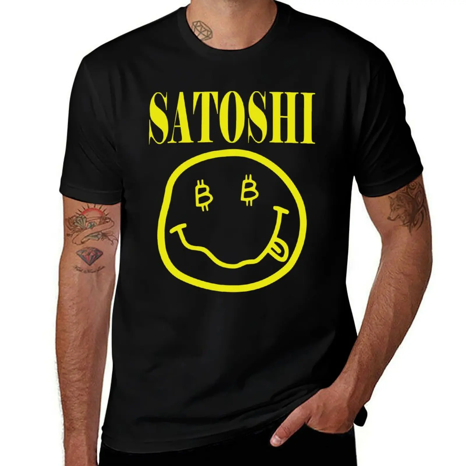 

Желтая футболка Satoshi Smile Face, рубашка в стиле аниме, летняя рубашка, рубашки с рисунком, мужская футболка с рисунком