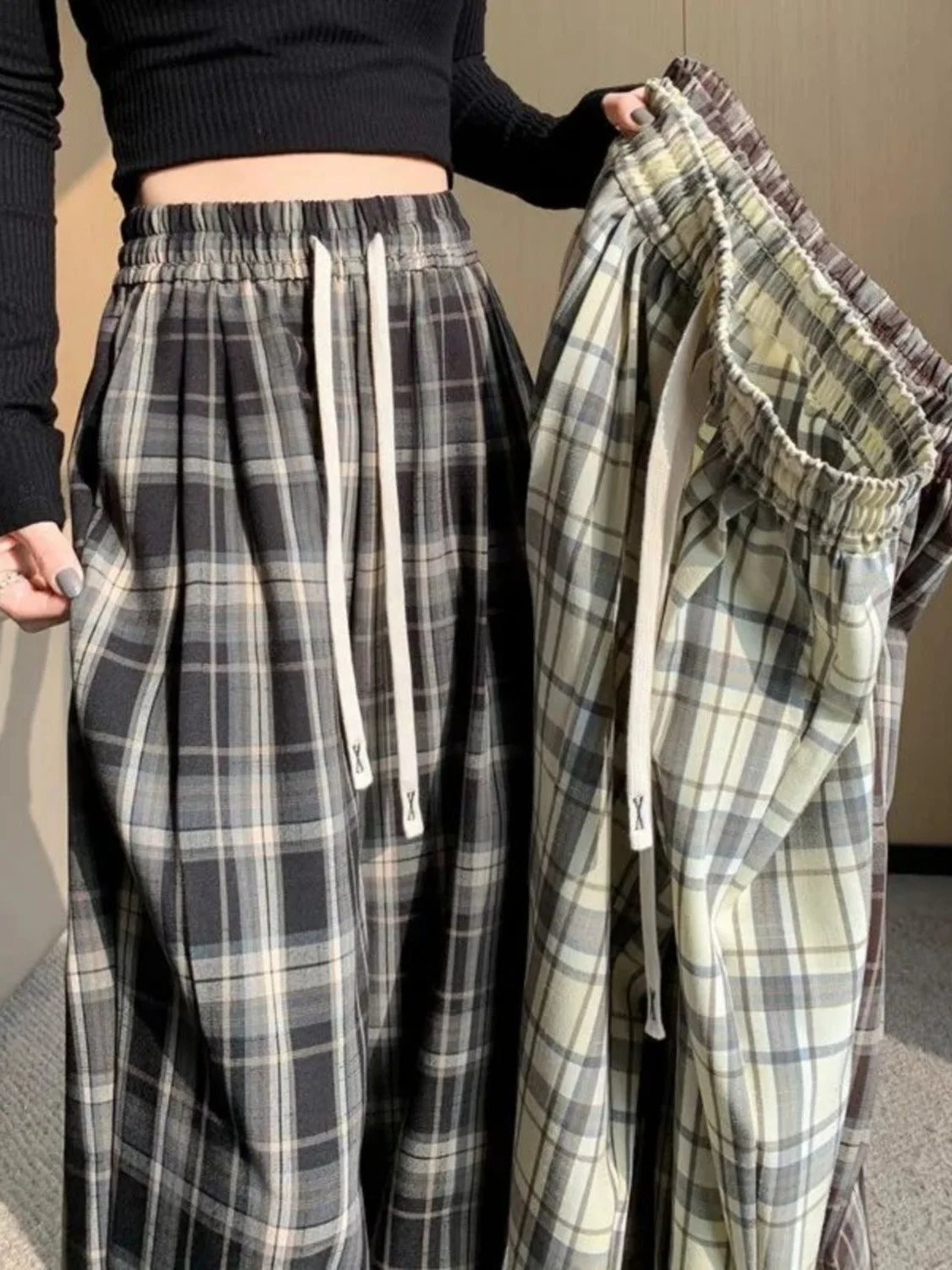 

plus Size High Waist Belted Plaid Pants Women Summer Loose Conceal Casual Wide Leg Long Trousers Korean Style Commute Wind