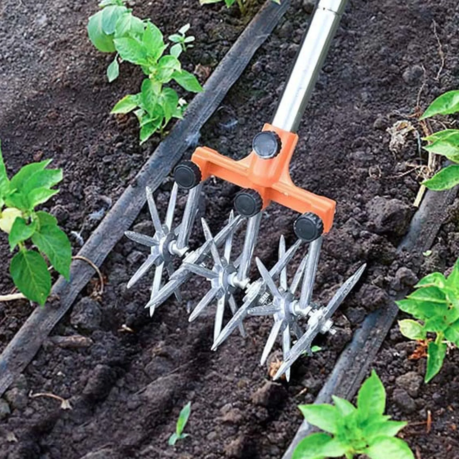 Tiller Manual Rotary Cultivator Tool Stainless Steel Teeth Adjustable Handle Garden Hand Tiller for Lawn Garden Manual