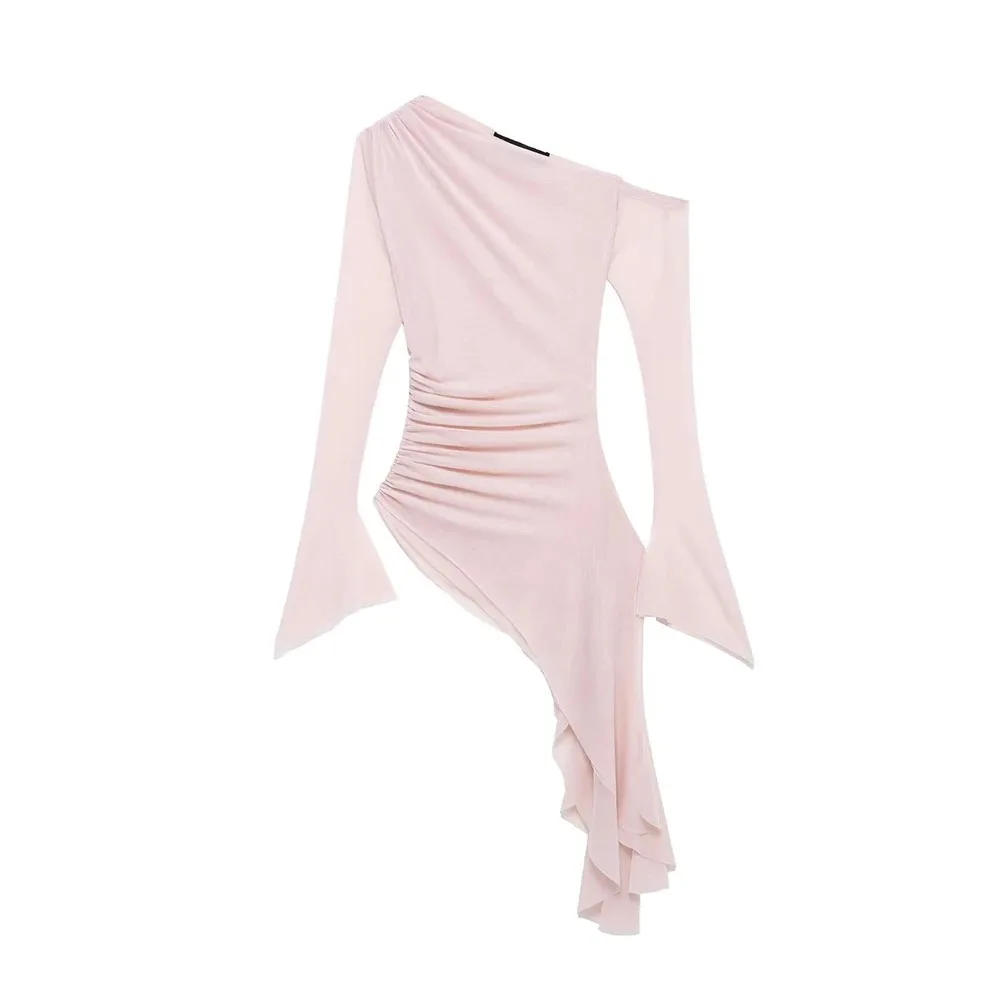 

Новый женский шелковый сетчатый асимметричный топ Casual Boat Neck Strapless Slim Knit Long Sleeve 2025 Spring Summer Tulle Pleated Top