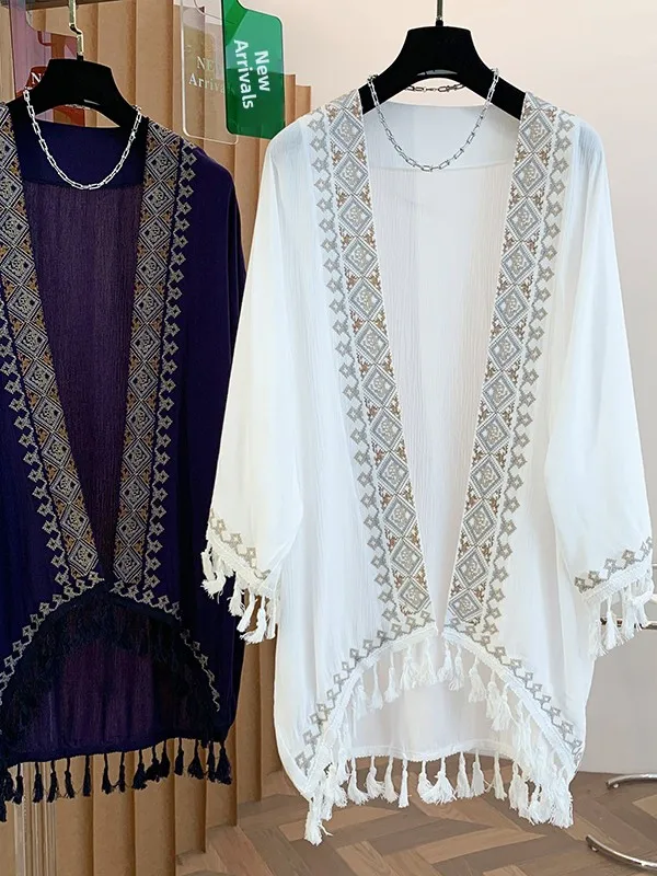 

Женский кардиган большого размера с вышивкой для путешествий и фотосессий, универсальный, с защитой от солнца и свободным покрытием плеч