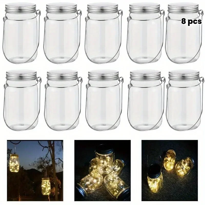 8pcs Plastic Mason Jar Set with Hooks for DIY String Lights Floral & Home Decor Dinner Parties Table Settings Outdoor Decoration