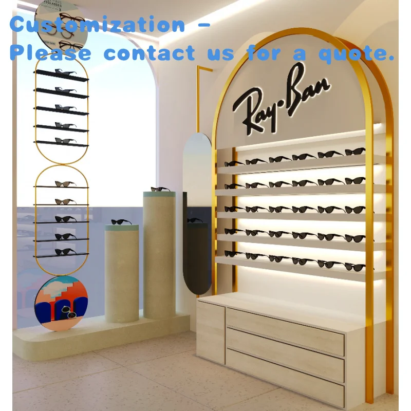 مخصص. حامل عرض النظارات الخشبية المخصصة، طاولة عرض المتجر البصري وديكور متجر العرض